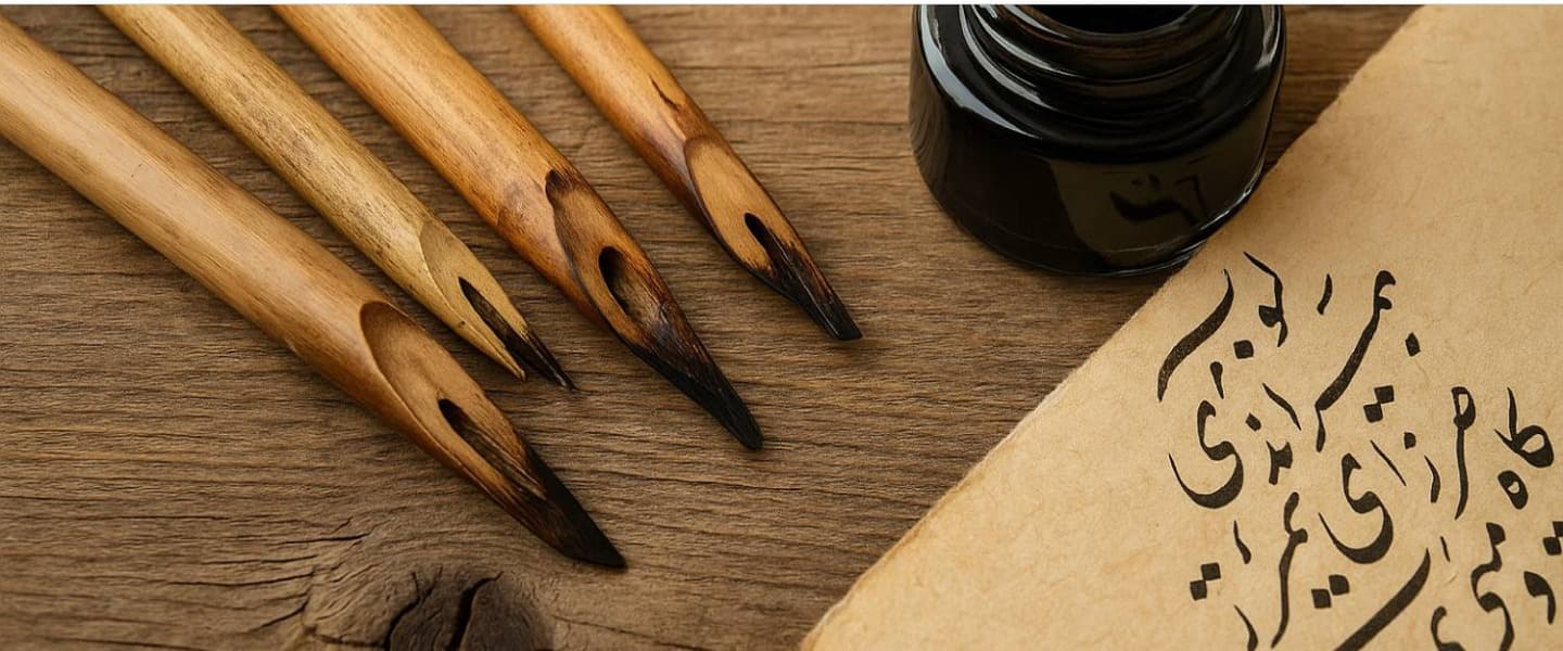 ابزار خوشنویسی سنتی روی میز چوبی
